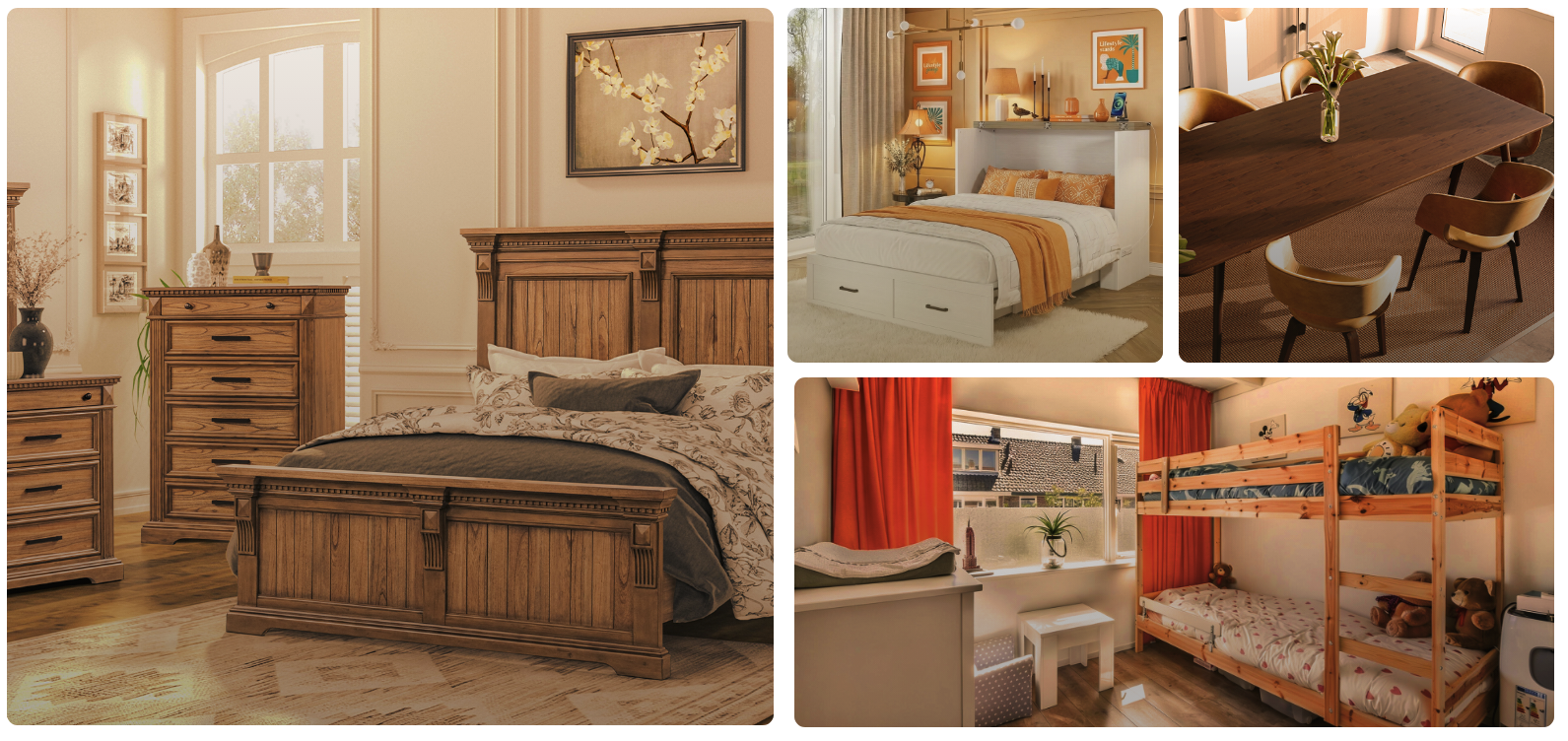Lifestyle Enterprise product range — bedroom collection, Murphy chest bed, dining set, and bunk beds in warm wood finishes
