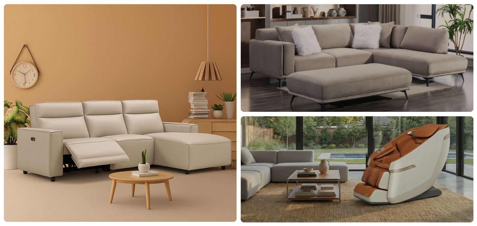 Lifestyle Enterprise 2026 furniture trends — motion recliner sofa, modern sectional, and Zen Wave massage chair in warm-toned living rooms