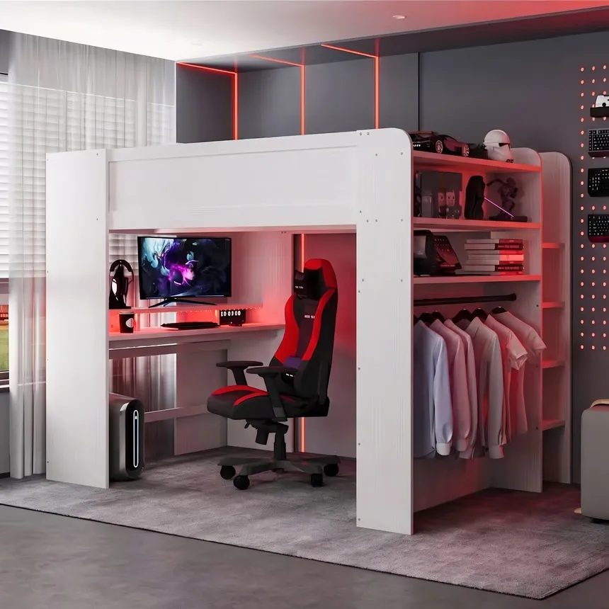 This bunk bed introduction has lights, storage on the side, and an area for hanging clothes, with a desk underneath.